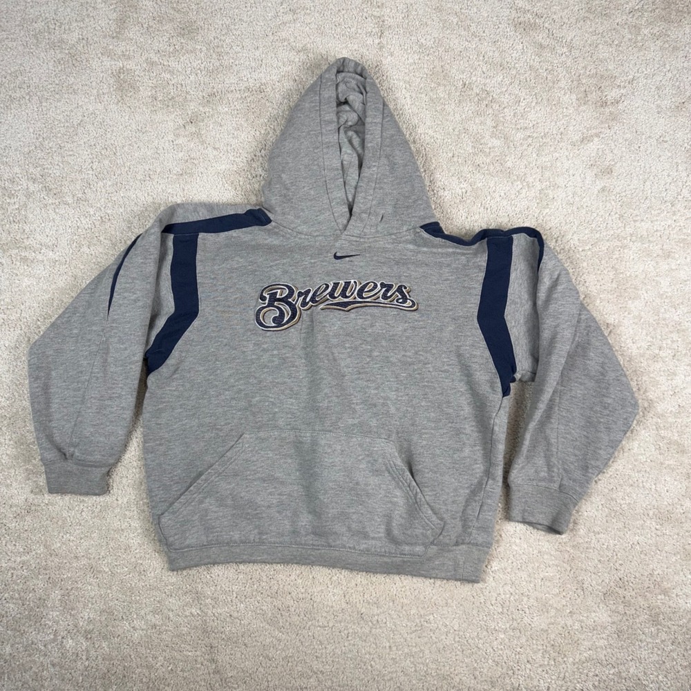 Vintage Nike Kids Milwaukee Brewers MLB Hoodie Gray Navy Blue Pullover Size Med